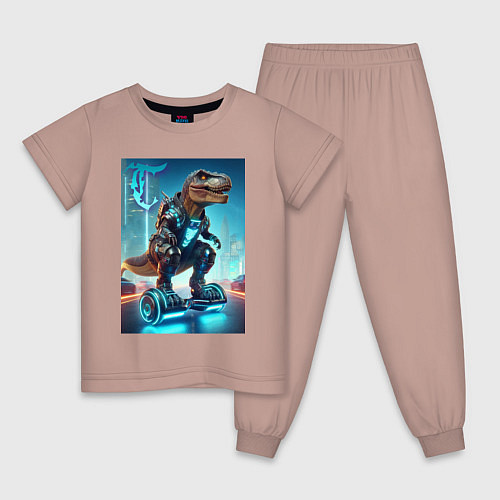 Детская пижама Cyber tyrannosaur on a hoverboard - neon glow fant / Пыльно-розовый – фото 1