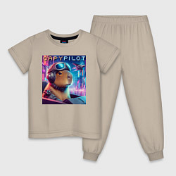 Пижама хлопковая детская Capybara is a cool pilot - ai art fantasy, цвет: миндальный