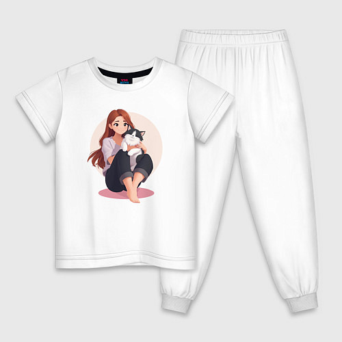 Детская пижама Сидящая девушка с кошкой на ногах / Белый – фото 1