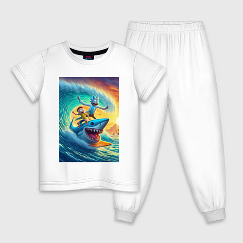 Детская пижама Рик и Морти - сёрфинг на акуле / Белый – фото 1