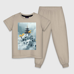 Пижама хлопковая детская Тихий японский пейзаж, цвет: миндальный