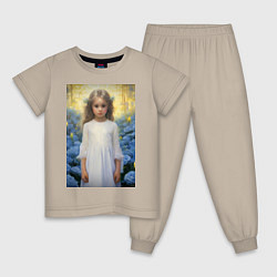 Пижама хлопковая детская Девочка в саду синих роз, цвет: миндальный