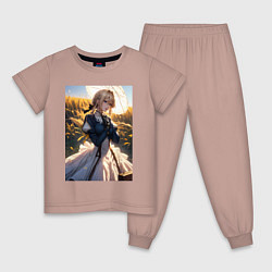 Пижама хлопковая детская Вайолет Эвергарден на поле пшеницы, цвет: пыльно-розовый