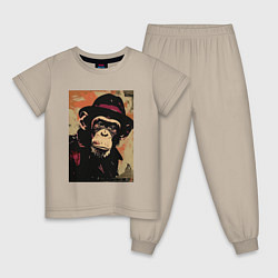 Пижама хлопковая детская Обезьянка детектив в шляпе, цвет: миндальный