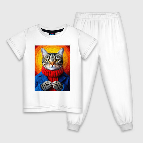 Детская пижама Котик в вязаной кофте / Белый – фото 1