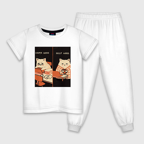 Детская пижама Work hard rest hard cat / Белый – фото 1