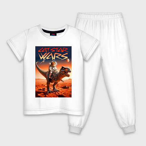 Детская пижама Кот космонавт верхом на тираннозавре / Белый – фото 1