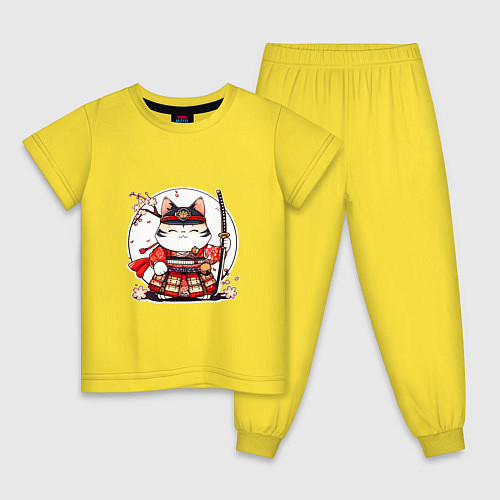 Детская пижама Кот самурай на фоне луны / Желтый – фото 1
