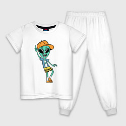 Пижама хлопковая детская Инопланетянин в кепке танцует, цвет: белый