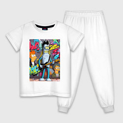 Пижама хлопковая детская Бендер с гитарой и Фрай - граффити, цвет: белый