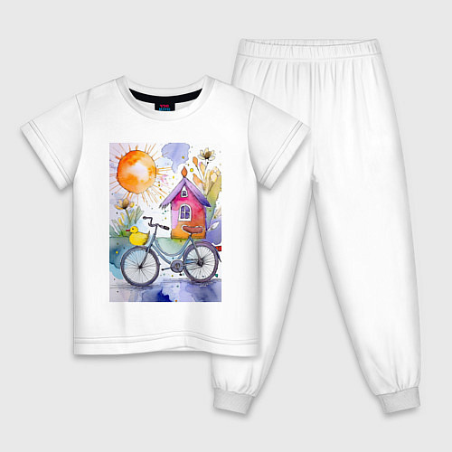 Детская пижама Утенок на велосипеде - акварель / Белый – фото 1
