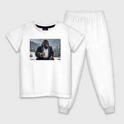 Пижама хлопковая детская Горилла в костюме: зимний релакс, цвет: белый