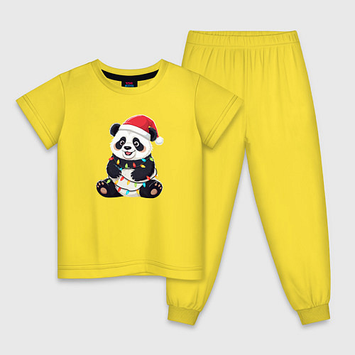 Детская пижама Новогодняя Панда в гирлянде / Желтый – фото 1