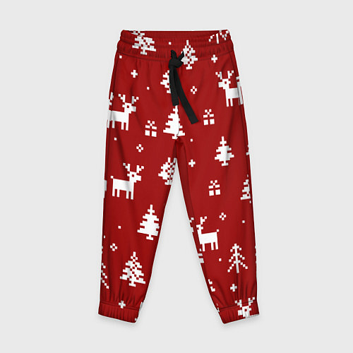 Детские брюки Новогодние олени и елки на красном фоне / 3D-принт – фото 1
