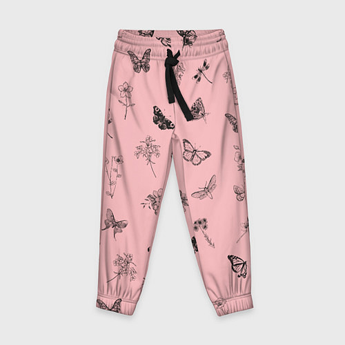 Детские брюки Цветочки и бабочки на розовом фоне / 3D-принт – фото 1