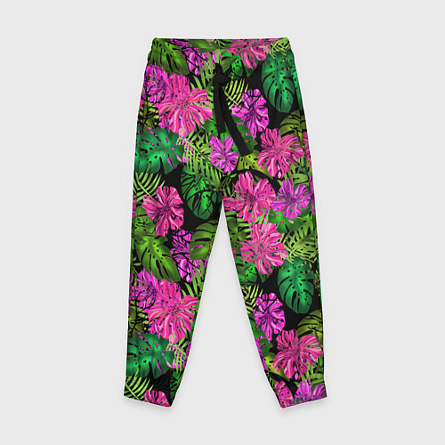 Детские брюки Тропические листья и цветы на черном фоне / 3D-принт – фото 1