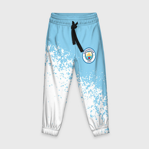 Детские брюки Manchester city белые брызги на голубом фоне / 3D-принт – фото 1