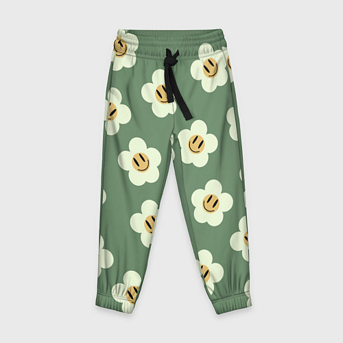 Детские брюки Цветочки-смайлики: темно-зеленый паттерн / 3D-принт – фото 1