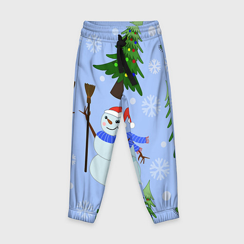 Детские брюки Снеговики с новогодними елками паттерн / 3D-принт – фото 1