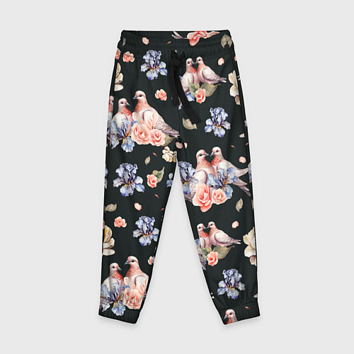 Детские брюки Голуби с розами и ирисами black / 3D-принт – фото 1