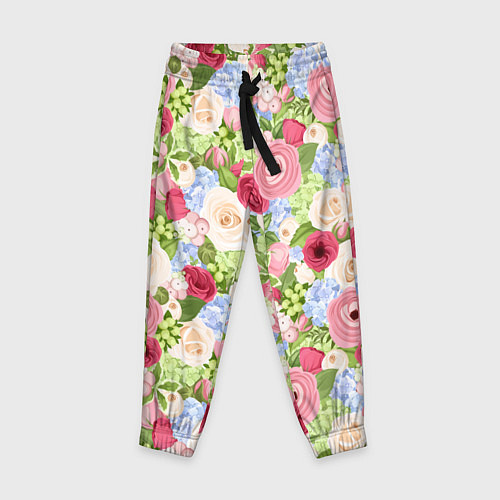Детские брюки Фон с розами, лютиками и гортензиями / 3D-принт – фото 1