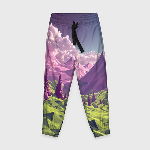 Детские брюки Геометрический зеленый пейзаж и фиолетовые горы / 3D-принт – фото 1