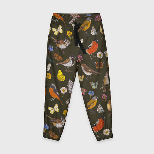 Детские брюки Птицы и бабочки с цветами паттерн / 3D-принт – фото 1
