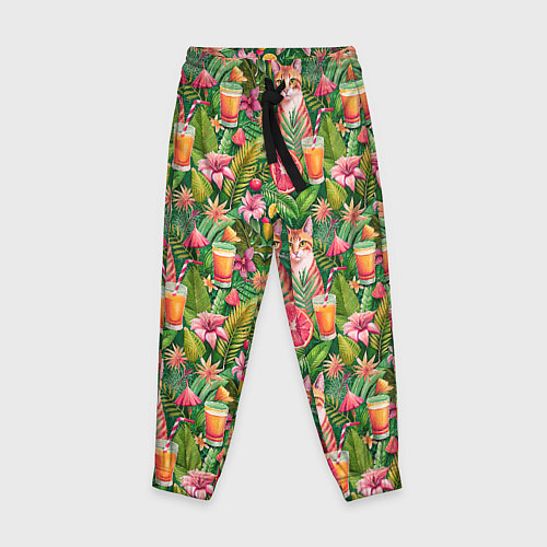 Детские брюки Летний котик с коктейлем в тропических цветах / 3D-принт – фото 1