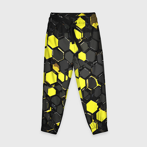 Детские брюки Жёлто-серые шестиугольники на чёрном фоне / 3D-принт – фото 1