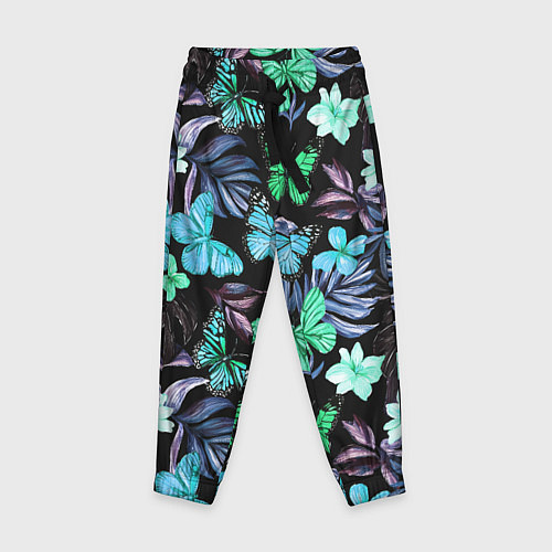 Детские брюки Бабочки и тропические цветы на черном фоне / 3D-принт – фото 1