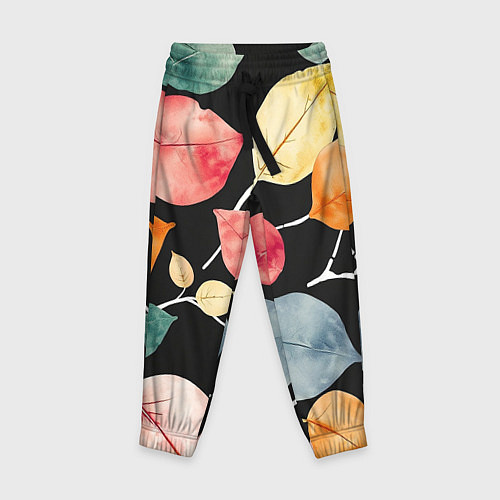 Детские брюки Разноцветные акварельные листья на чёрном, AI / 3D-принт – фото 1