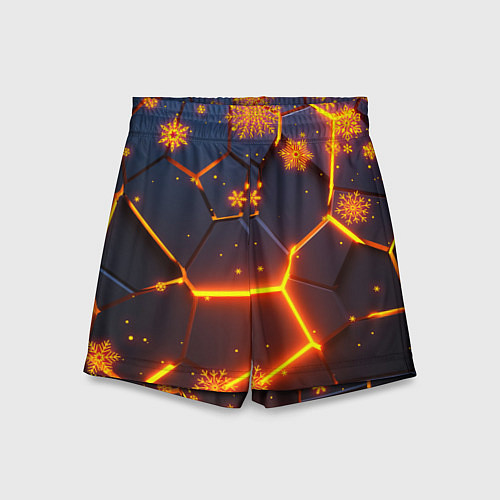Детские шорты НОВОГОДНИЕ ОГНЕННЫЕ 3D ПЛИТЫ FIRE NEON HEXAGON / 3D-принт – фото 1