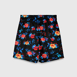 Шорты детские Яркие розы на черном фоне, цвет: 3D-принт