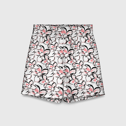 Детские шорты Бело-розовые цветы с черной обводкой / 3D-принт – фото 1