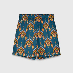 Шорты детские Узбекская имитация ткани икат - синий орнамент, цвет: 3D-принт
