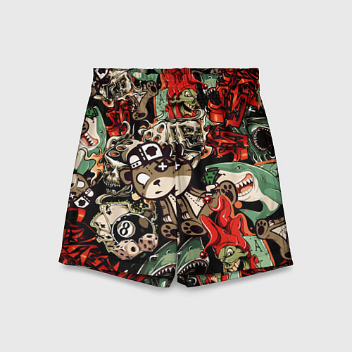 Детские шорты Граффити плюшевого медведя среди акул азарта / 3D-принт – фото 1