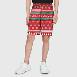 Шорты детские Новогодний паттерн с оленями снежинками леденцами, цвет: 3D-принт — фото 2