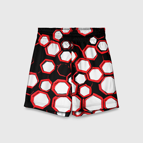 Детские шорты Красно-белые шестиугольники на чёрном фоне / 3D-принт – фото 1