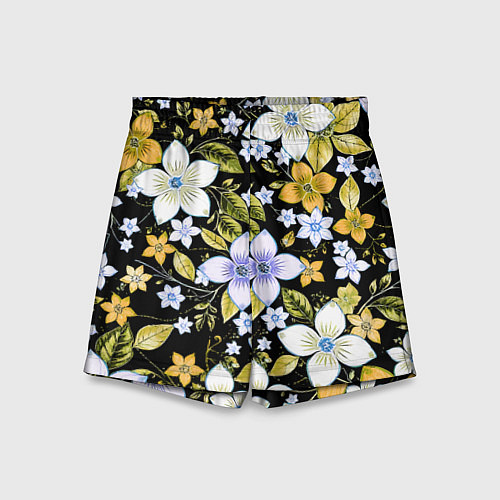 Детские шорты Жёлто-белые цветы на чёрном фоне / 3D-принт – фото 1