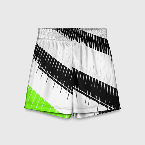 Детские шорты Диагональные чёрно-белые полосы на зелёном фоне / 3D-принт – фото 1