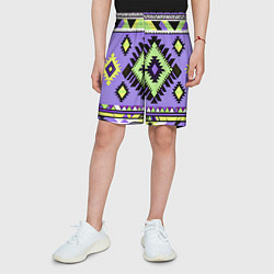 Шорты детские Геометрический сиренево желтый орнамент ацтеков, цвет: 3D-принт — фото 2