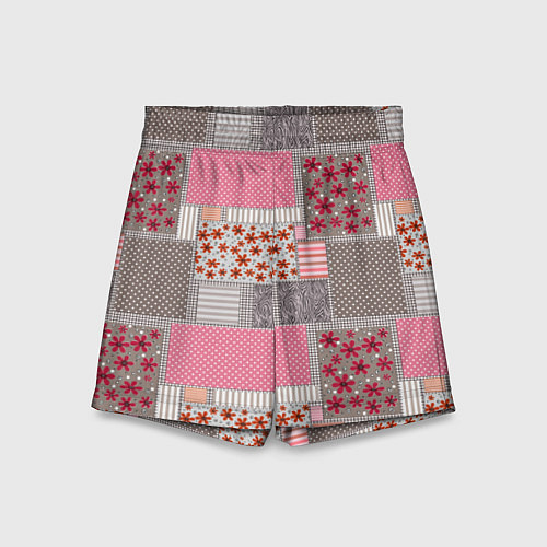 Детские шорты Розово-серые разноцветные лоскуты / 3D-принт – фото 1
