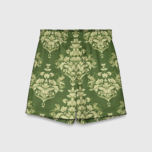 Детские шорты Дамасский узор на оливковом фоне - растительный па / 3D-принт – фото 1