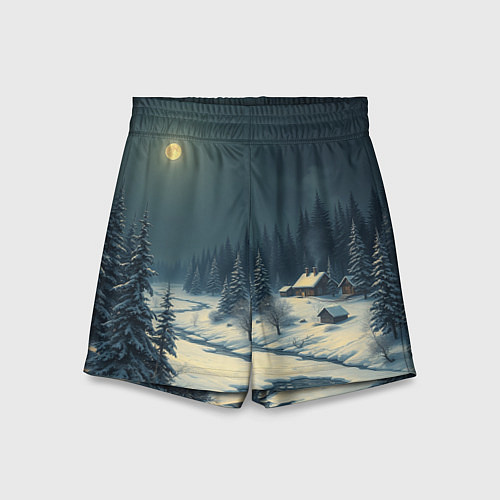 Детские шорты Лунная зимняя ночь в лесу у реки / 3D-принт – фото 1