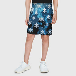 Шорты детские Стилизованный паттерн со снежинками тёмно-синий, цвет: 3D-принт — фото 2