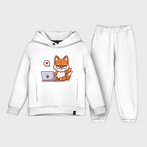 Детский костюм оверсайз Cute fox and laptop / Белый – фото 1