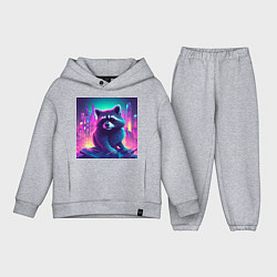 Детский костюм оверсайз Енот на фоне неонового города, цвет: меланж