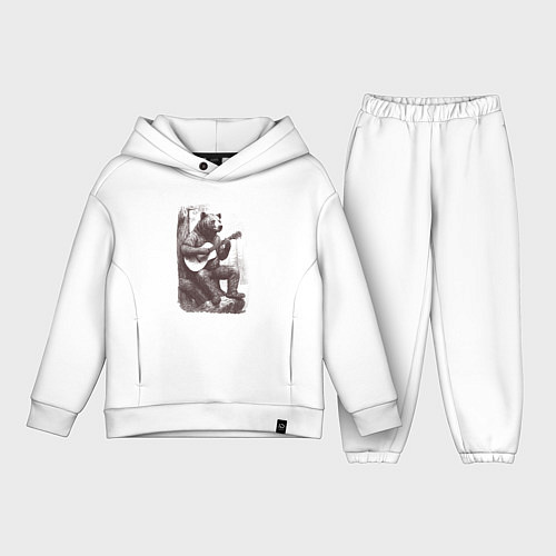 Детский костюм оверсайз Медведь в лесу играет на акустической гитаре / Белый – фото 1