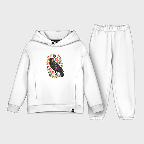 Детский костюм оверсайз Ворона в цветах фолк арт / Белый – фото 1