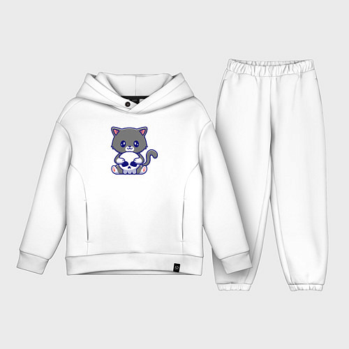 Детский костюм оверсайз Котик и черепок / Белый – фото 1